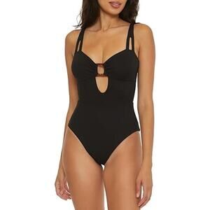BECCA Modern Edge Rib High Leg One Piece Swimsuits Black Size Large NWT